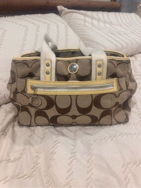 Coach Beige Daisy Signature Canvas Tote with Yellow Trim Y2K